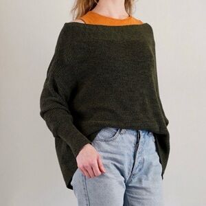 Free People Oversized Slouchy Off-Shoulder Knit Sweater Army Green Relaxed Small